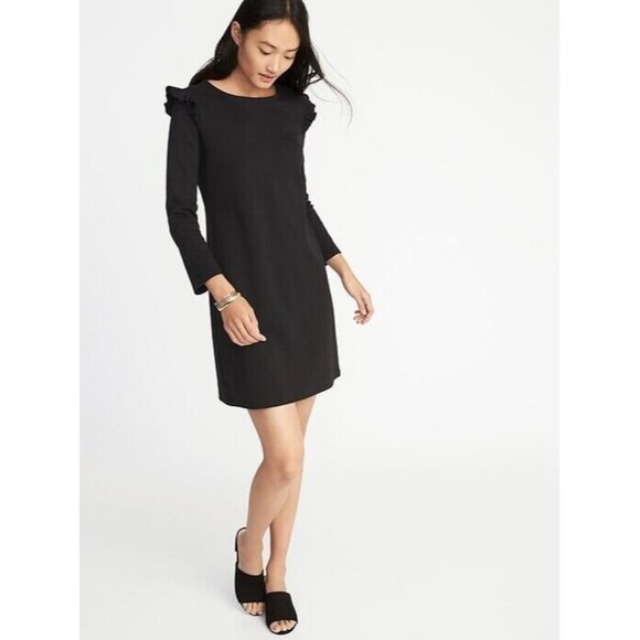 Old Navy Dresses & Skirts - Old Navy Dress Black 3/4 Sleeve Ruffle Trim Ponte Knit NWT